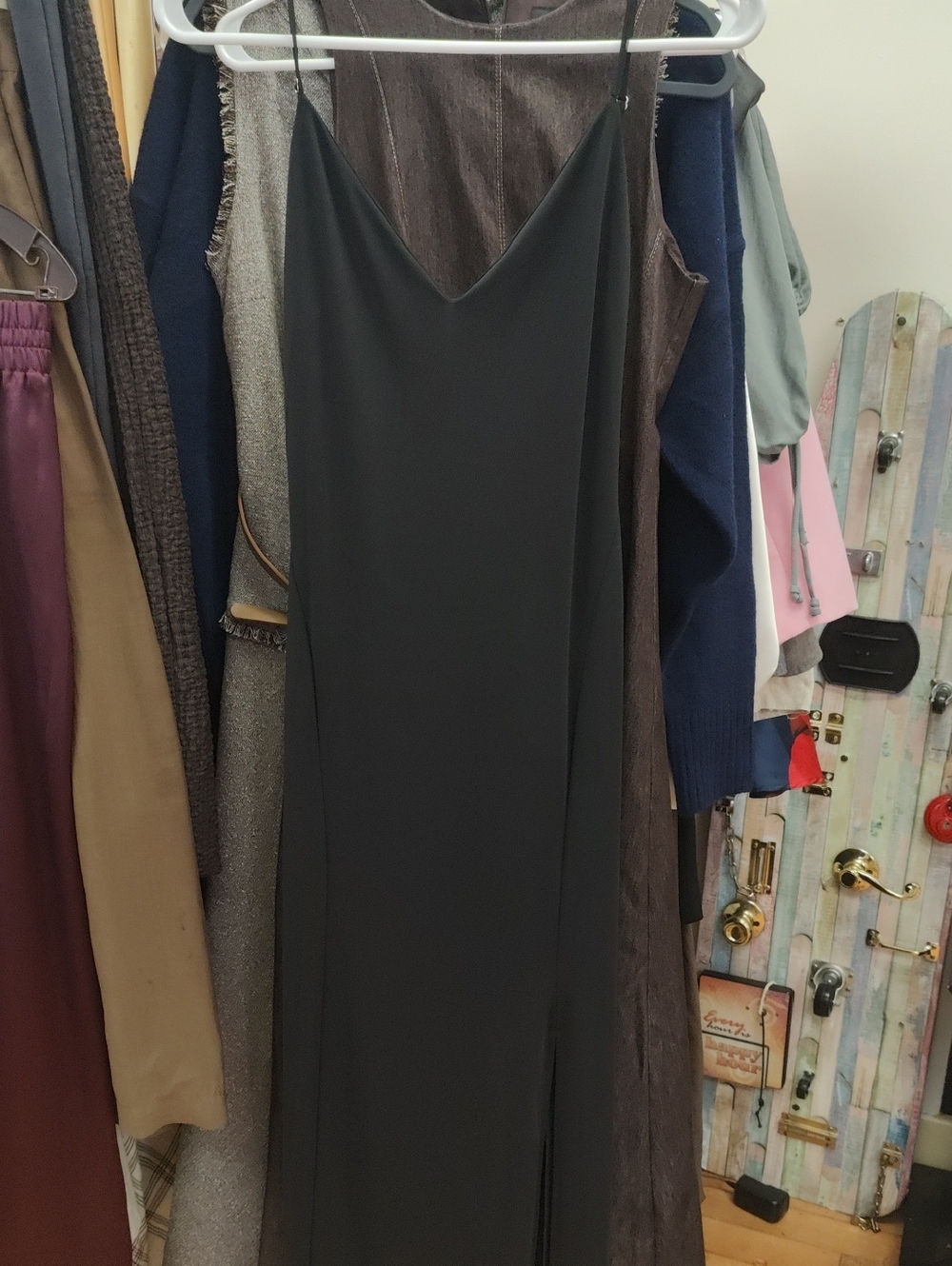 Classic Black Slip Dress - Sleek V-Neck Evening Dress, Back Is Longer